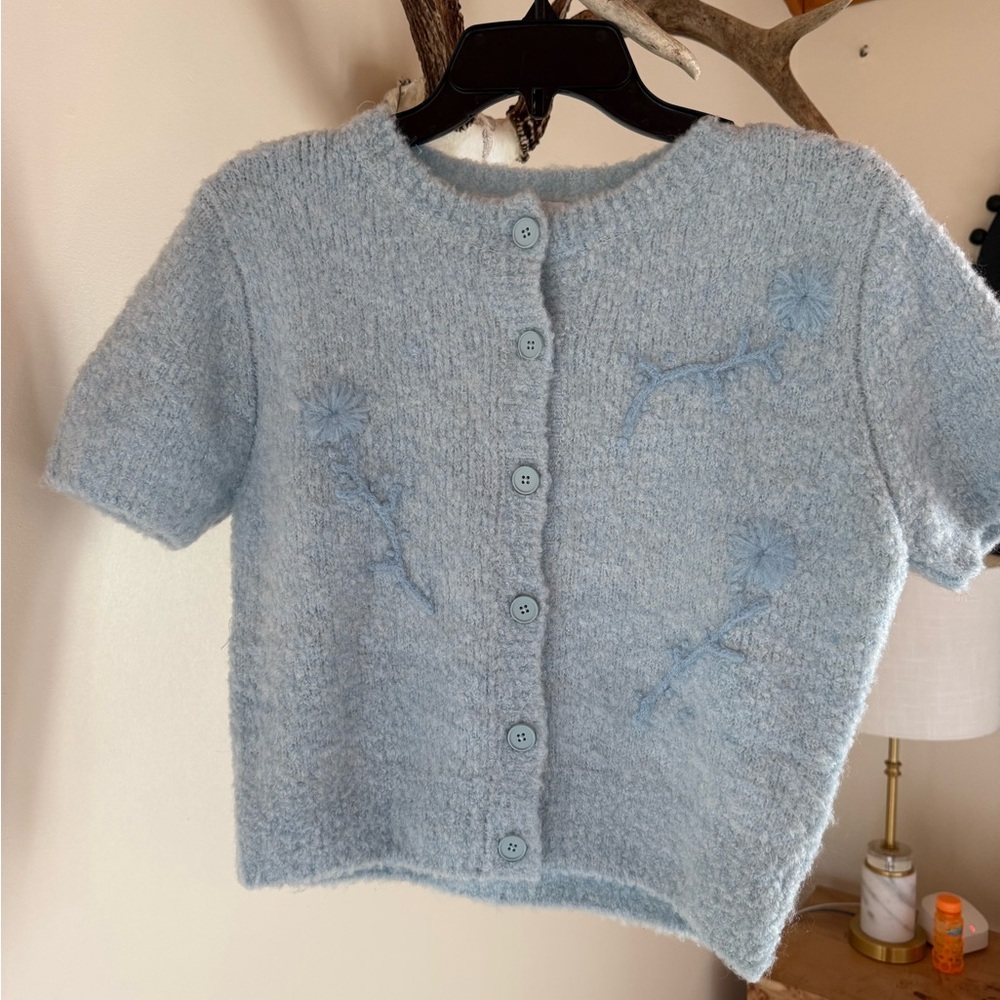 Zara Light Blue Short Sleeve Button-Up Knit Cardigan